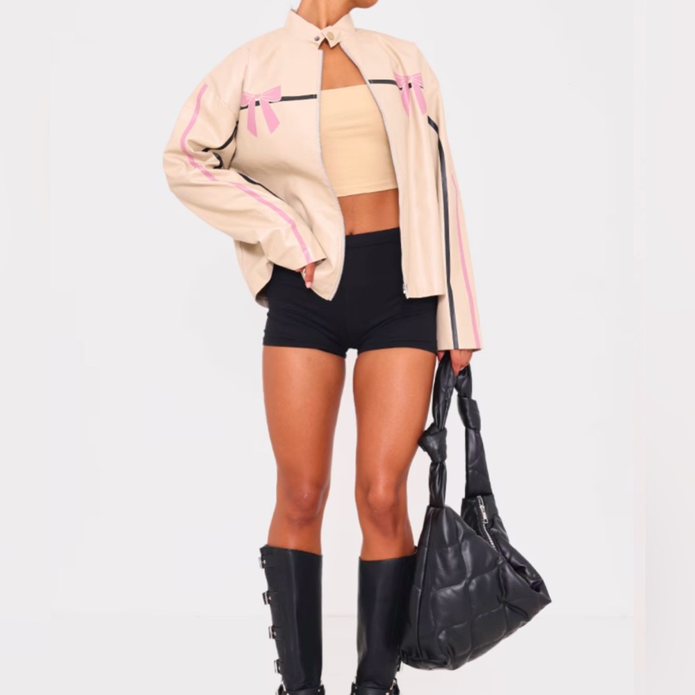 Faux Leather jacket Tan with pink bows printed Size 8 NWT